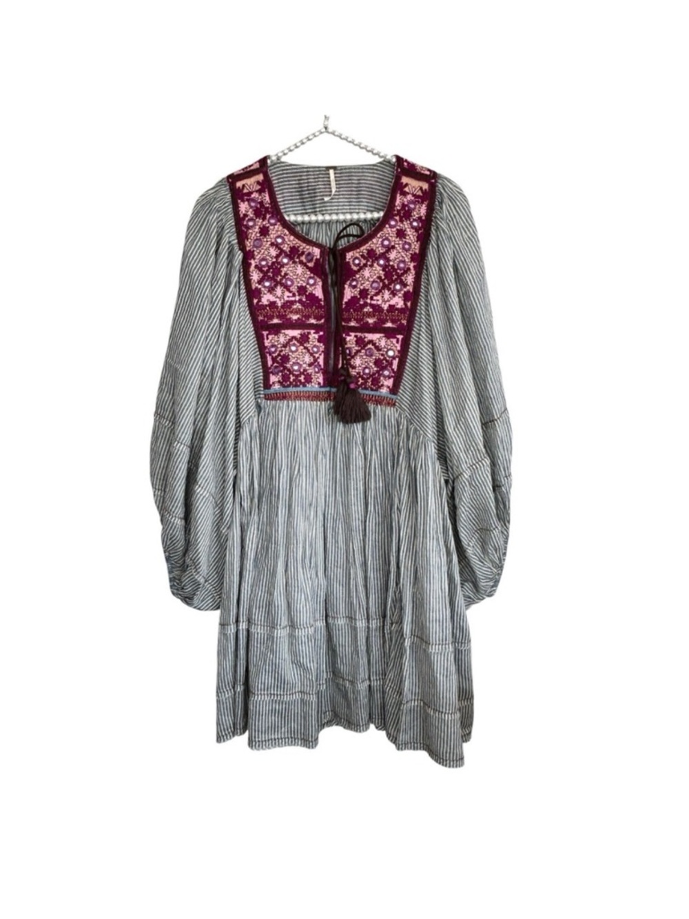 Free People Tangier Striped Mini Dress with Plum Embroidered Yoke XL